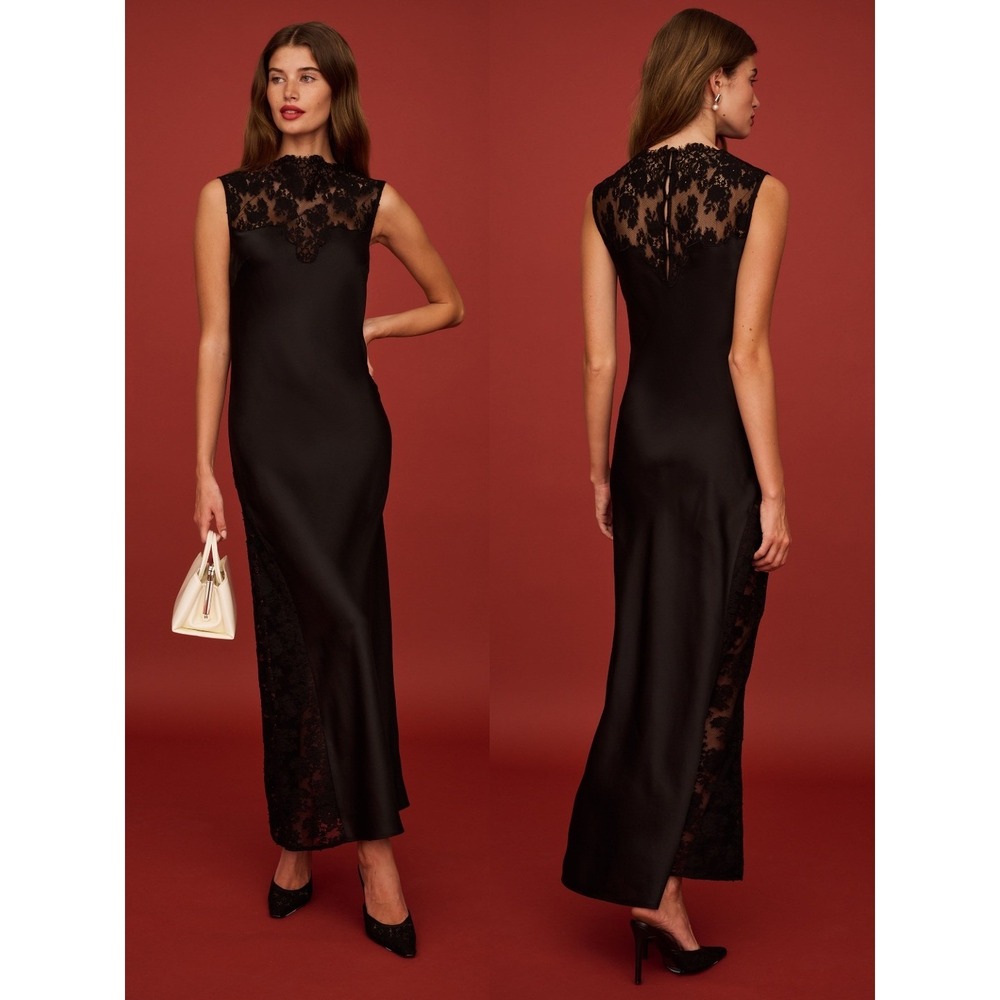 NWT o.p.t Natalia Satin Lace Maxi Dress in Black - Size 6